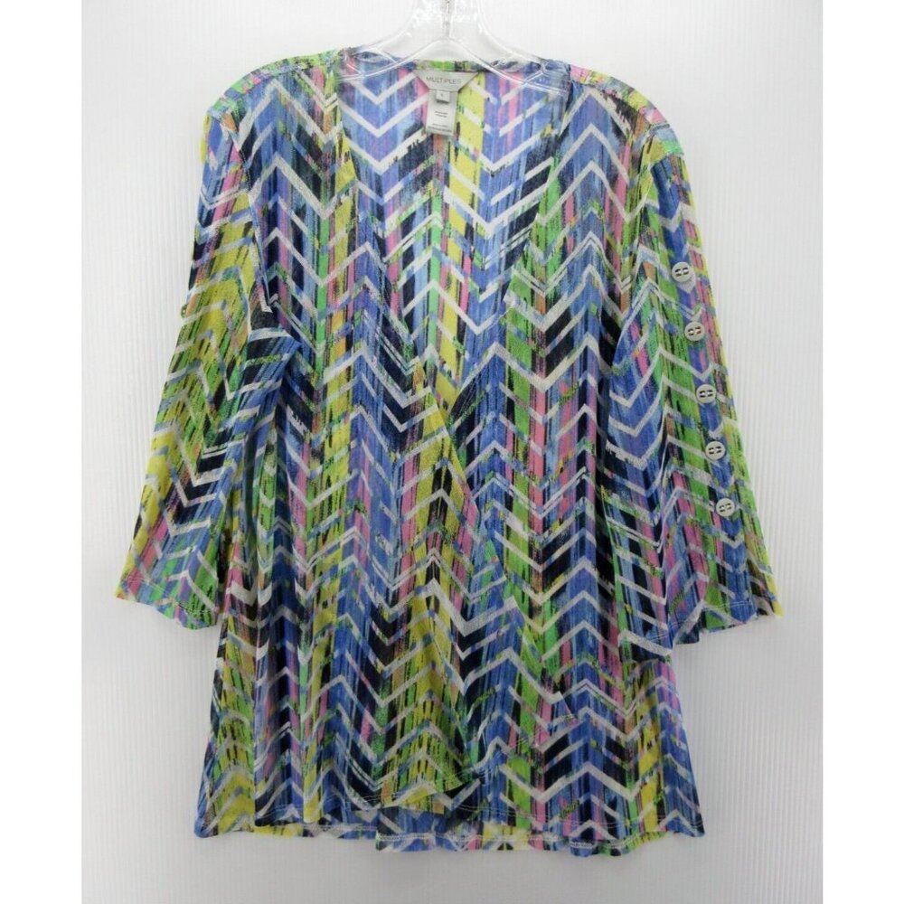 Multiples Top Small Open Wrap Blouse Chevron Sheer Aztec Stretch NEW